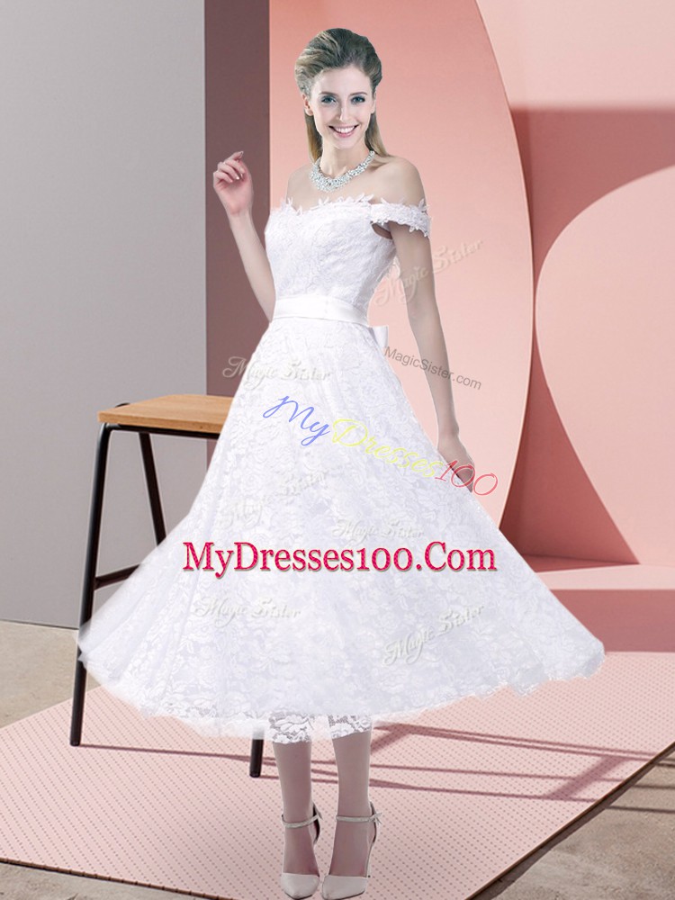 Discount White Sleeveless Belt Tea Length Evening Dress