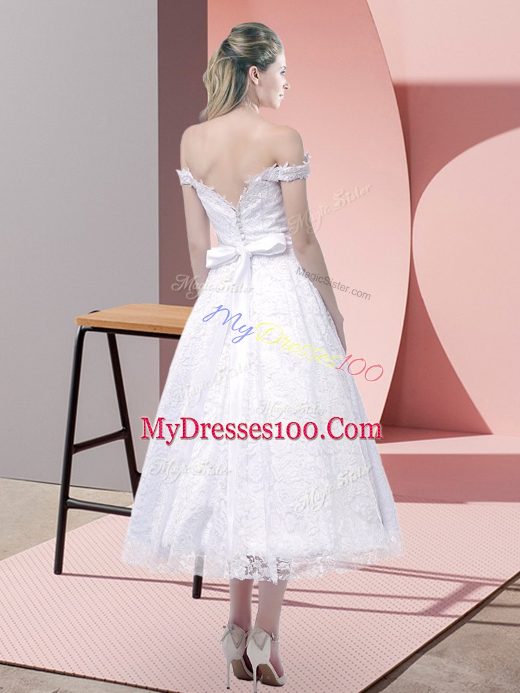 Discount White Sleeveless Belt Tea Length Evening Dress