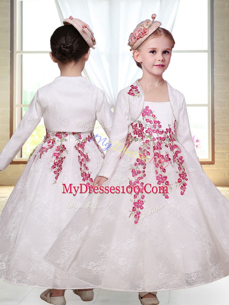 White A-line Lace Straps Sleeveless Embroidery Ankle Length Zipper Flower Girl Dresses