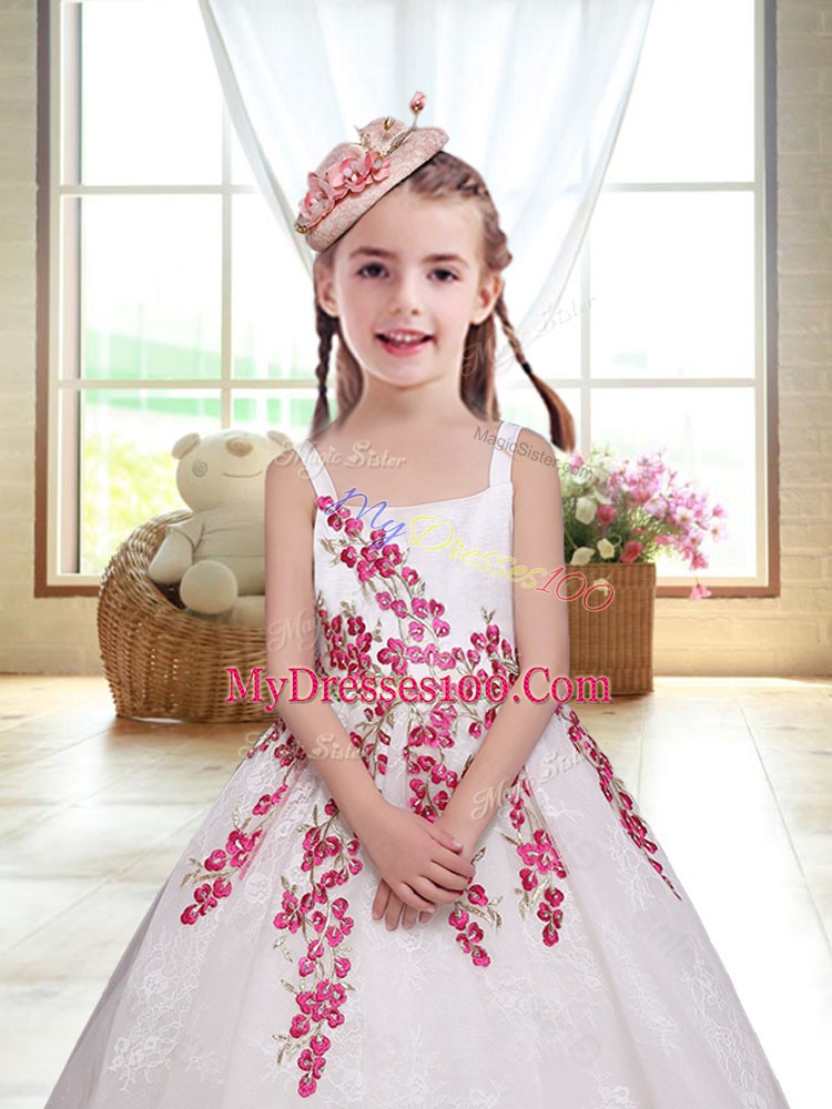 White A-line Lace Straps Sleeveless Embroidery Ankle Length Zipper Flower Girl Dresses
