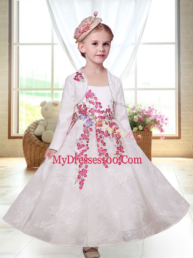 White A-line Lace Straps Sleeveless Embroidery Ankle Length Zipper Flower Girl Dresses