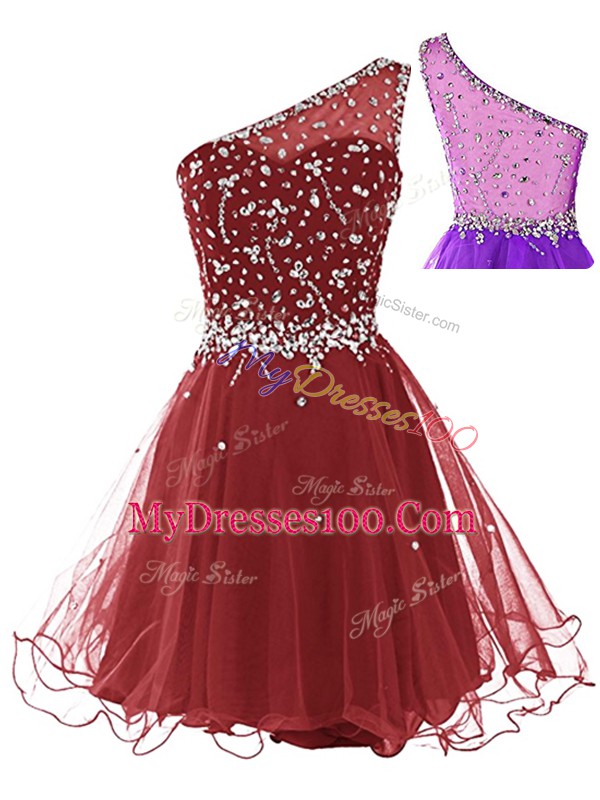 One Shoulder Sleeveless Tulle Evening Dresses Beading Side Zipper