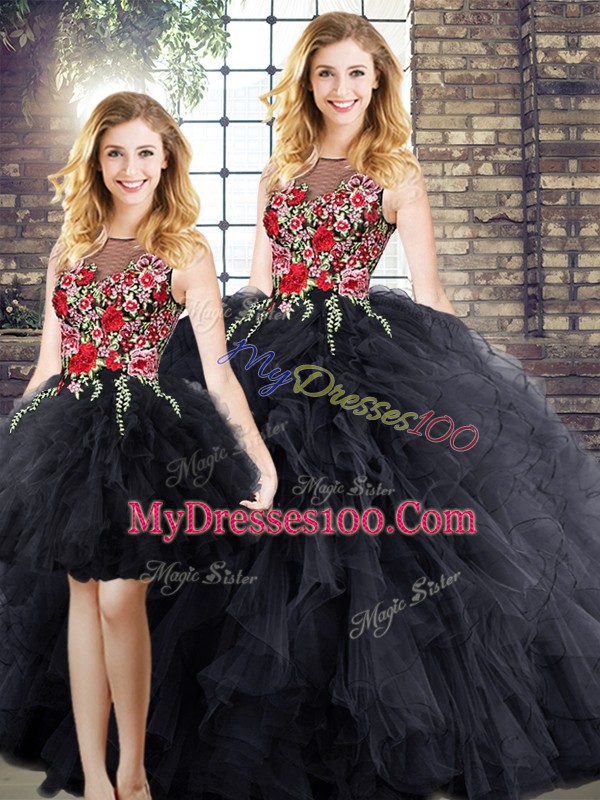 Black Sleeveless Floor Length Embroidery and Ruffles Zipper Quince Ball Gowns