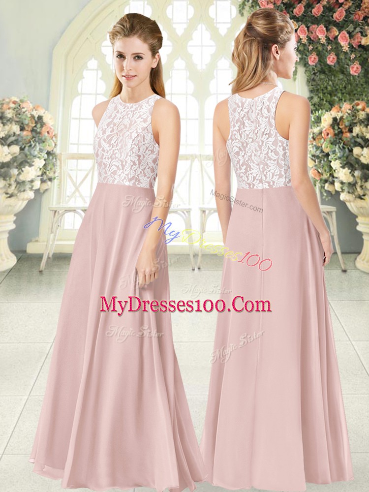 Scoop Sleeveless Evening Gowns Floor Length Lace Pink Chiffon
