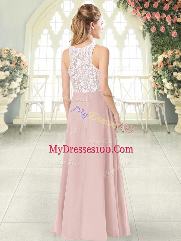 Scoop Sleeveless Evening Gowns Floor Length Lace Pink Chiffon