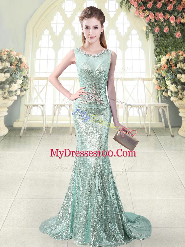 Noble Apple Green Zipper Homecoming Dress Beading Sleeveless Brush Train