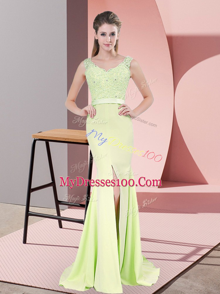 Deluxe Chiffon Sleeveless Prom Dress Sweep Train and Beading and Lace