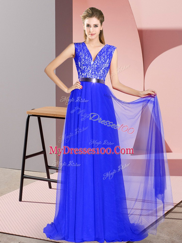 Royal Blue Zipper Prom Dresses Beading and Lace Sleeveless Sweep Train
