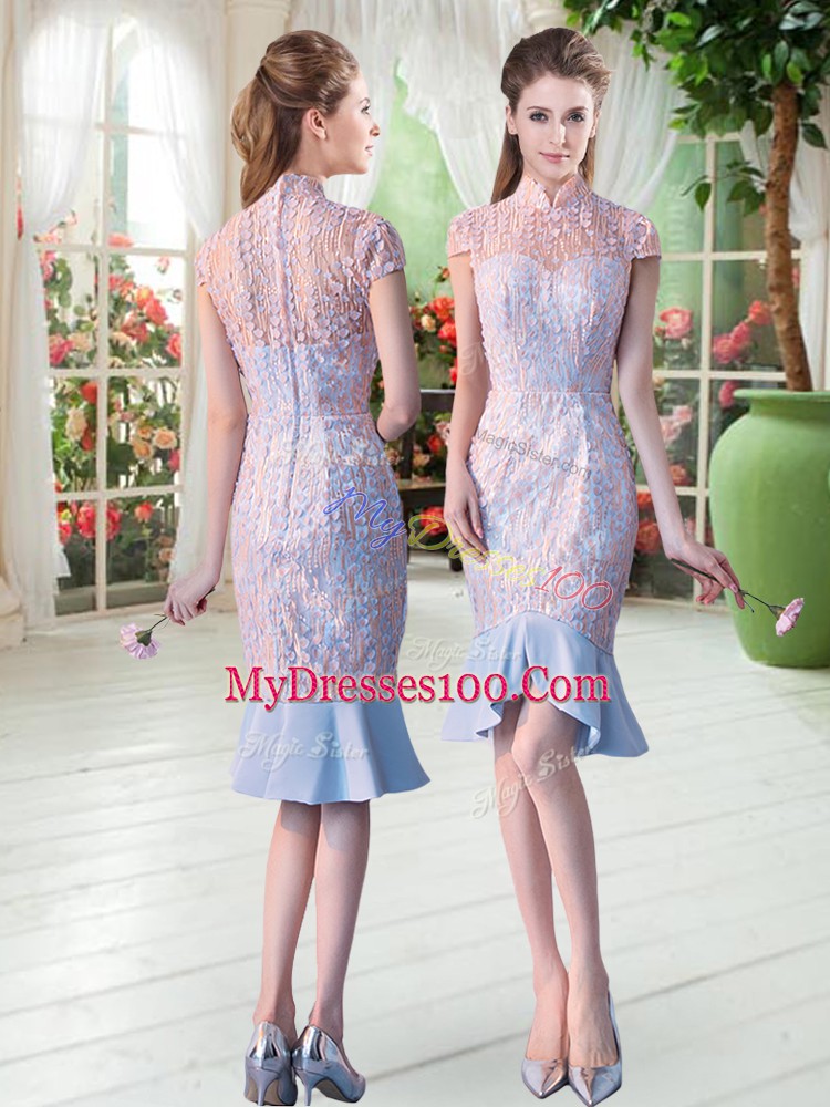 Free and Easy Short Sleeves Satin Knee Length Zipper Going Out Dresses in Pink with Lace