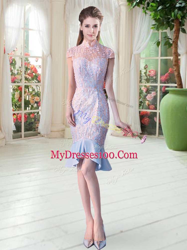 Free and Easy Short Sleeves Satin Knee Length Zipper Going Out Dresses in Pink with Lace