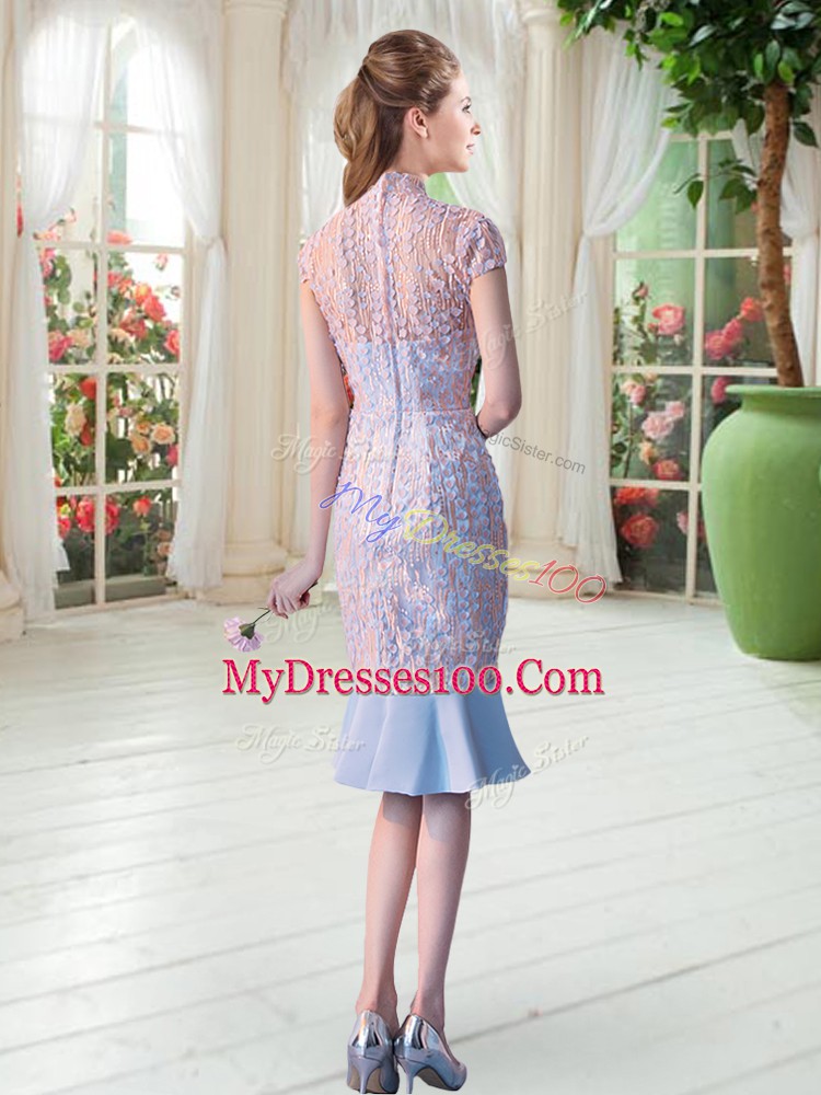 Free and Easy Short Sleeves Satin Knee Length Zipper Going Out Dresses in Pink with Lace