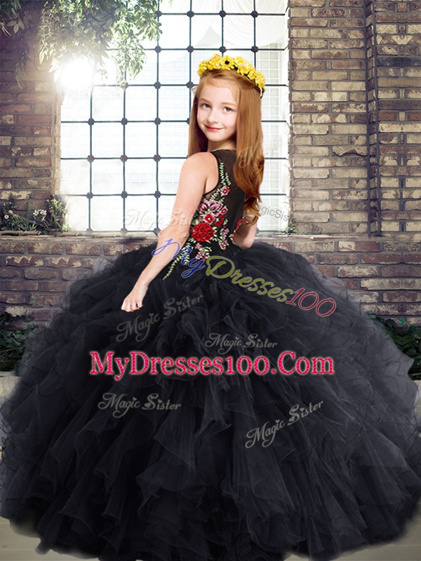 Black Ball Gowns Tulle Scoop Sleeveless Embroidery and Ruffles Floor Length Zipper Pageant Dress for Teens