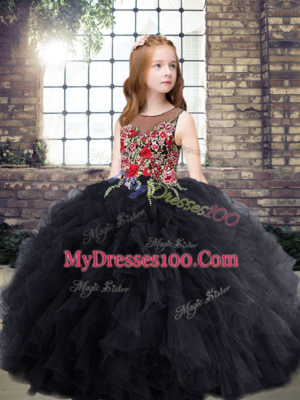 Black Ball Gowns Tulle Scoop Sleeveless Embroidery and Ruffles Floor Length Zipper Pageant Dress for Teens
