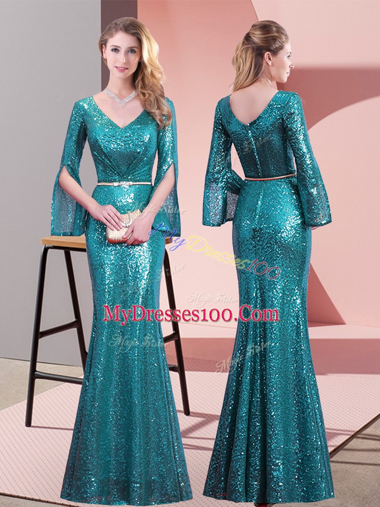 Teal V-neck Zipper Belt Prom Evening Gown Long Sleeves