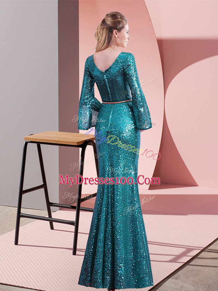Teal V-neck Zipper Belt Prom Evening Gown Long Sleeves