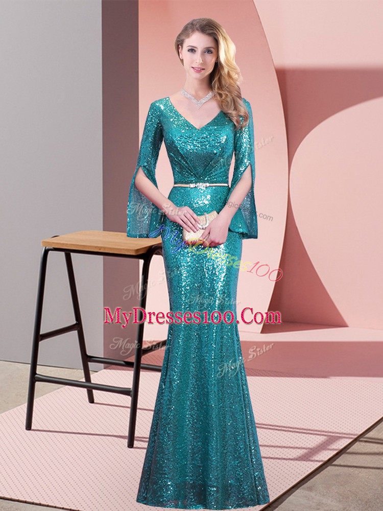 Teal V-neck Zipper Belt Prom Evening Gown Long Sleeves