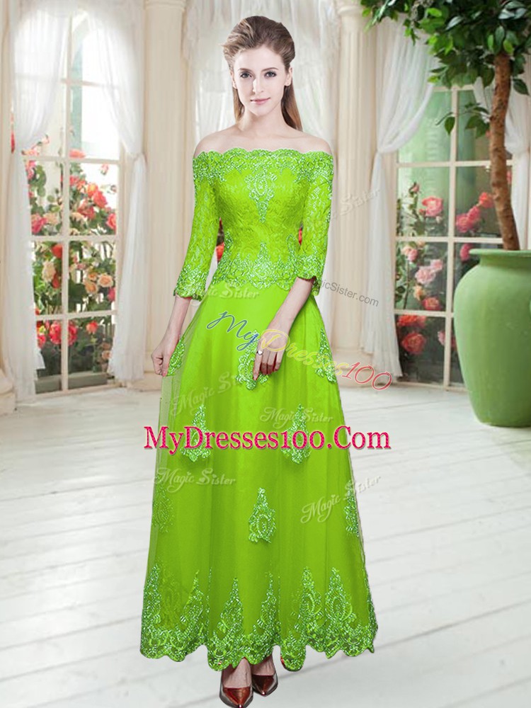 Admirable Tulle Off The Shoulder 3 4 Length Sleeve Lace Up Lace Prom Dress in