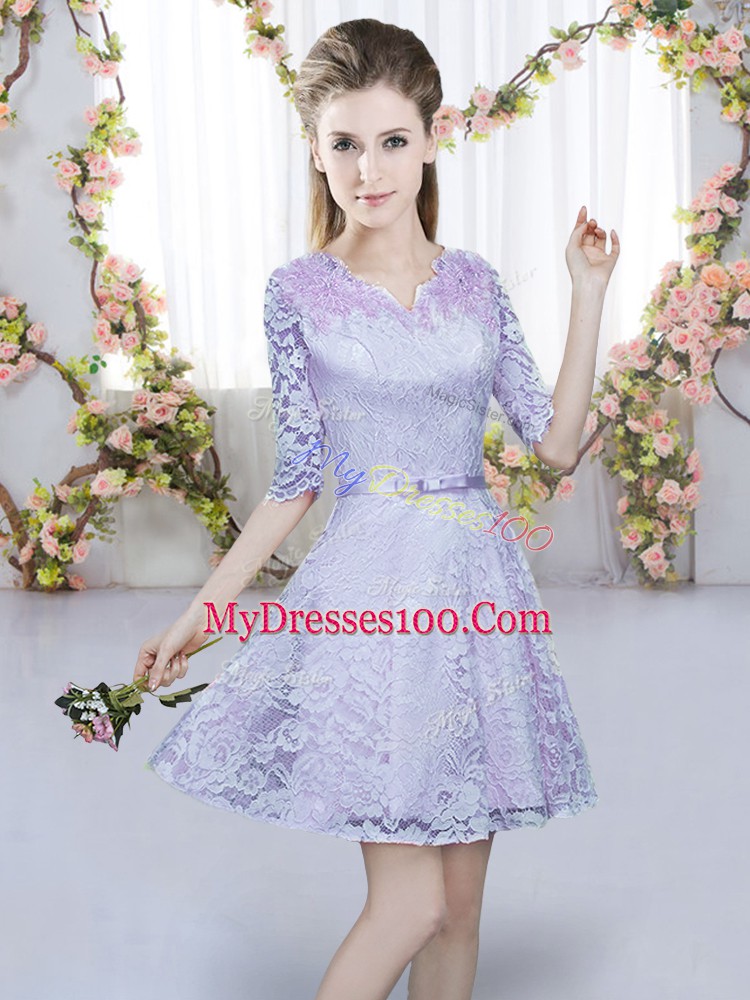 High Class Lavender Half Sleeves Belt Mini Length Quinceanera Court of Honor Dress