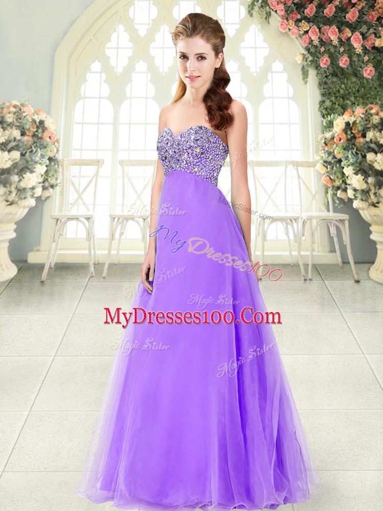 Floor Length Lace Up Prom Party Dress Lavender for Prom and Party with Beading