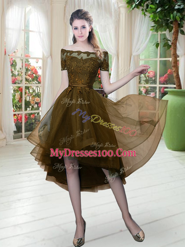 Off The Shoulder Short Sleeves Lace Up Evening Party Dresses Brown Tulle
