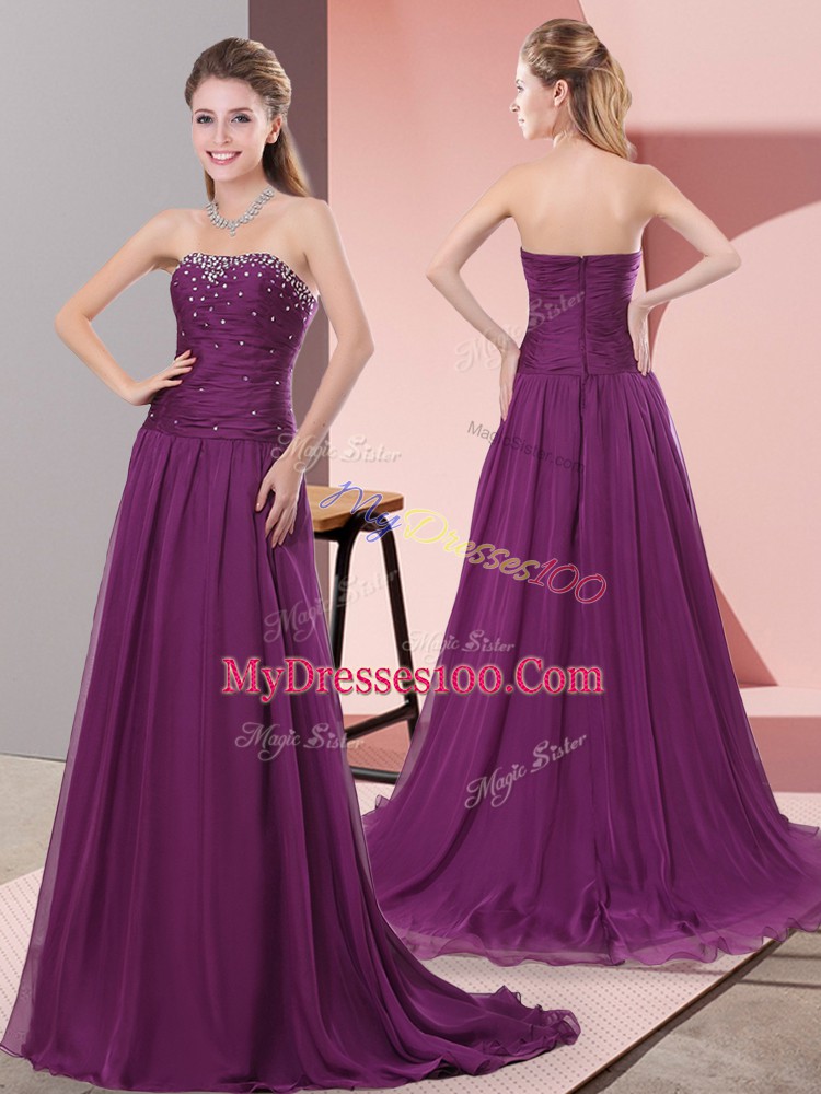Simple Purple Zipper Beading and Lace Sleeveless Sweep Train