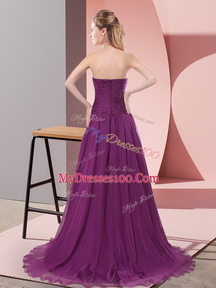 Simple Purple Zipper Beading and Lace Sleeveless Sweep Train