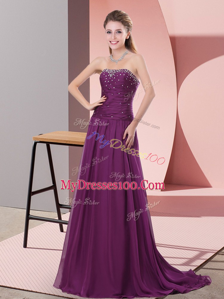 Simple Purple Zipper Beading and Lace Sleeveless Sweep Train