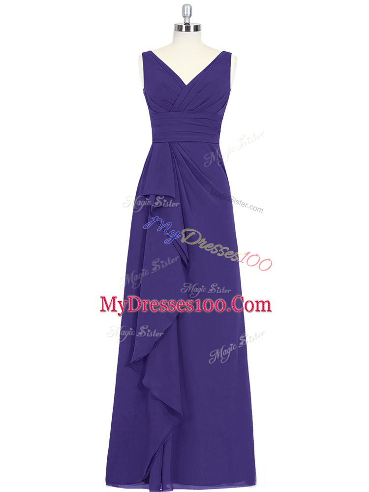 Nice V-neck Sleeveless Chiffon Prom Gown Ruching Zipper