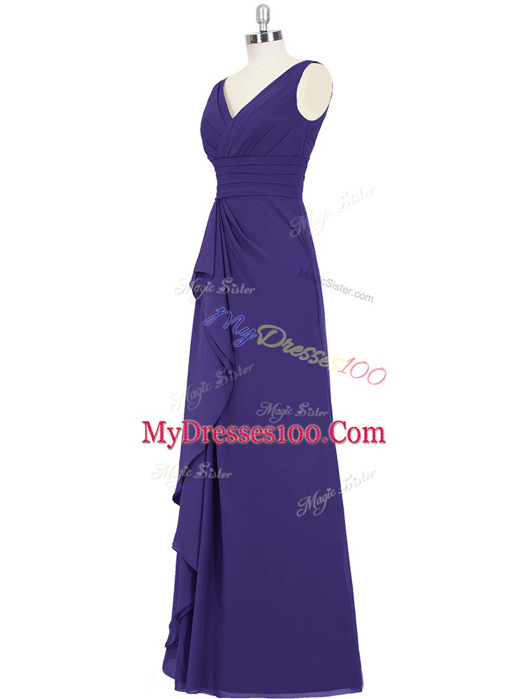 Nice V-neck Sleeveless Chiffon Prom Gown Ruching Zipper