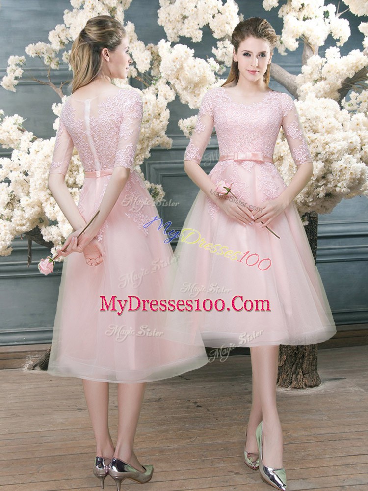 Flare Pink Half Sleeves Tea Length Lace Zipper Evening Outfits