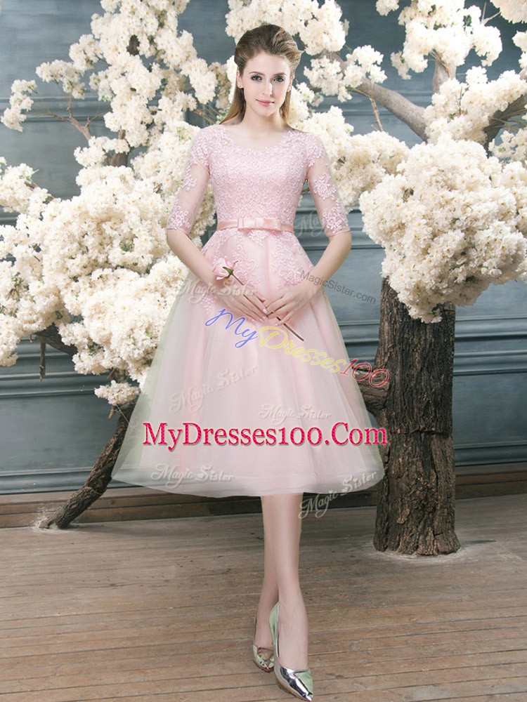 Flare Pink Half Sleeves Tea Length Lace Zipper Evening Outfits