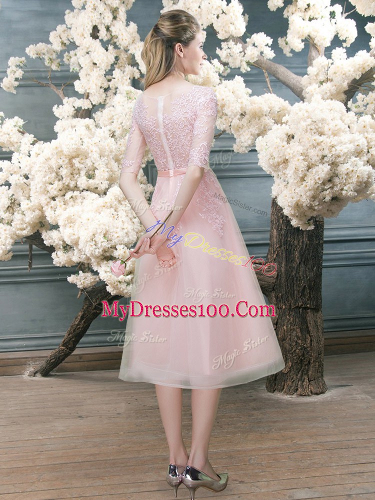Flare Pink Half Sleeves Tea Length Lace Zipper Evening Outfits