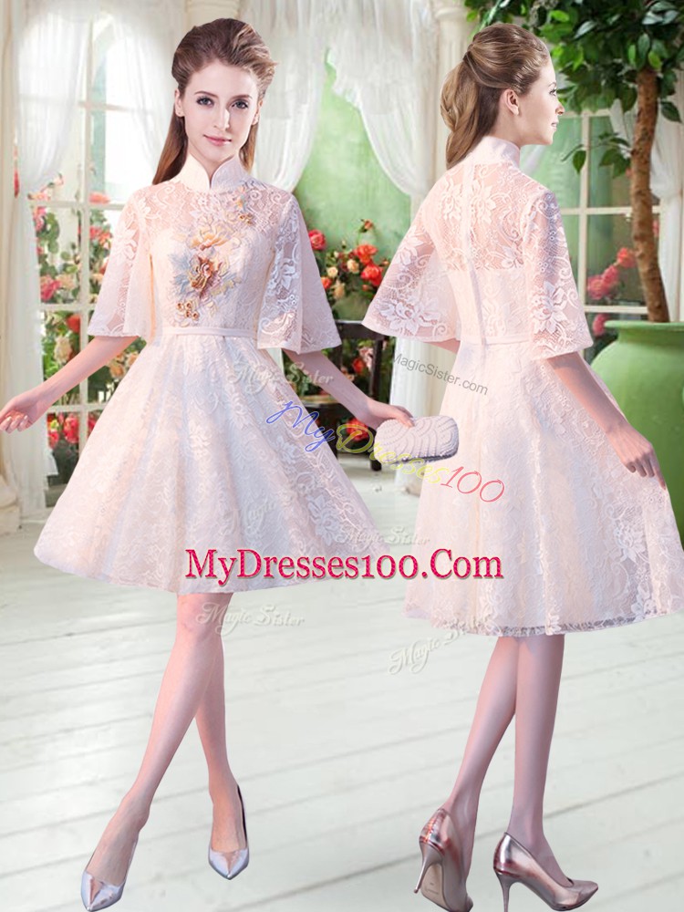 Fine Appliques Prom Evening Gown White Zipper Half Sleeves Knee Length