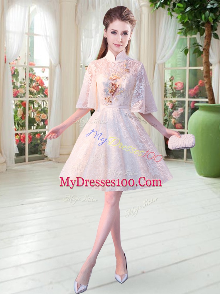 Fine Appliques Prom Evening Gown White Zipper Half Sleeves Knee Length
