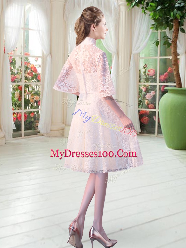 Fine Appliques Prom Evening Gown White Zipper Half Sleeves Knee Length