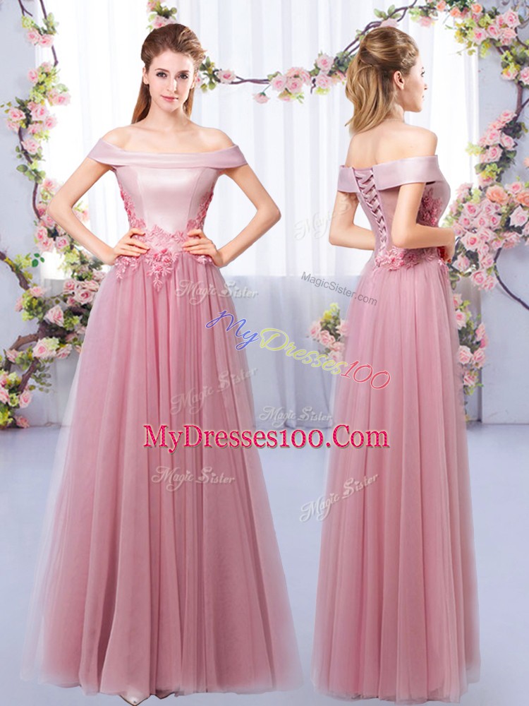 Super Pink Sleeveless Floor Length Appliques Lace Up Wedding Party Dress