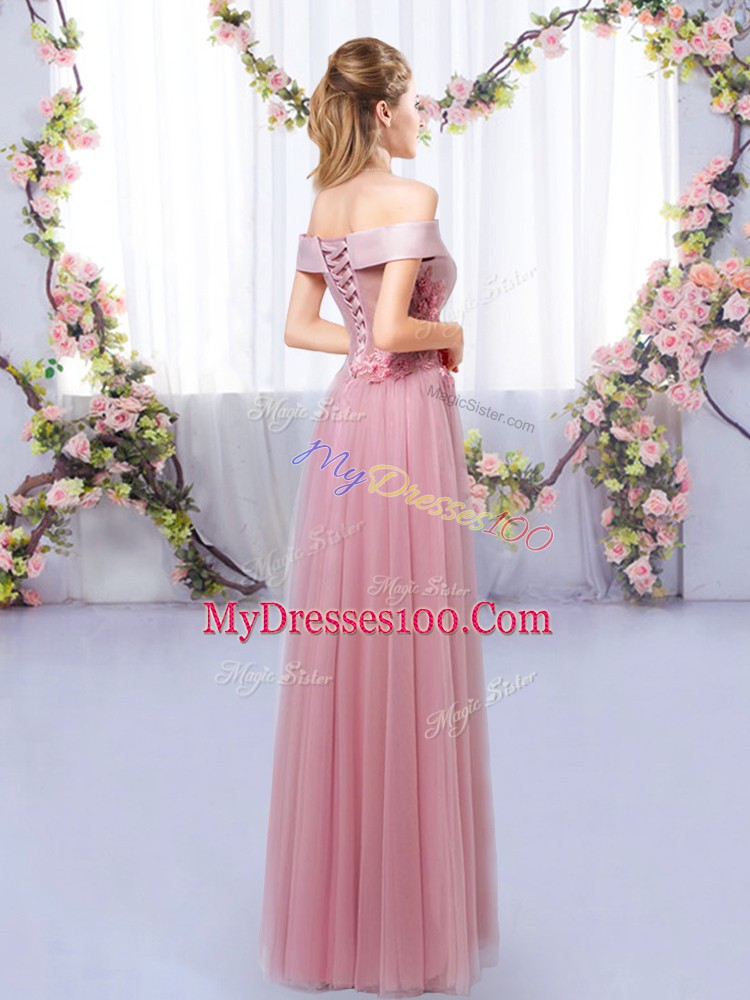 Super Pink Sleeveless Floor Length Appliques Lace Up Wedding Party Dress