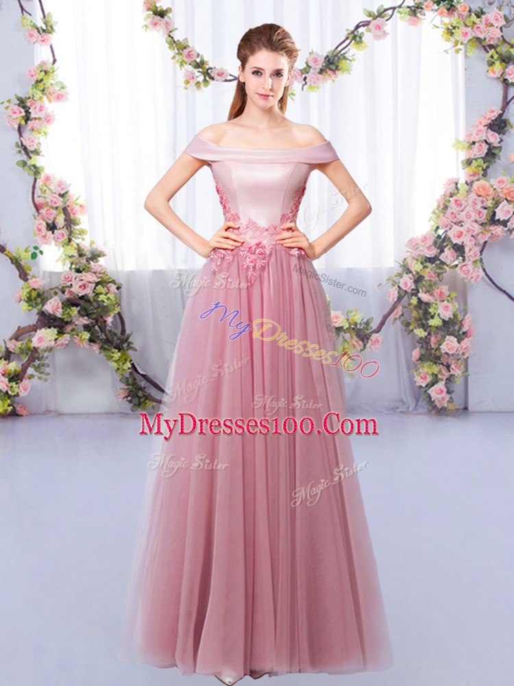 Super Pink Sleeveless Floor Length Appliques Lace Up Wedding Party Dress