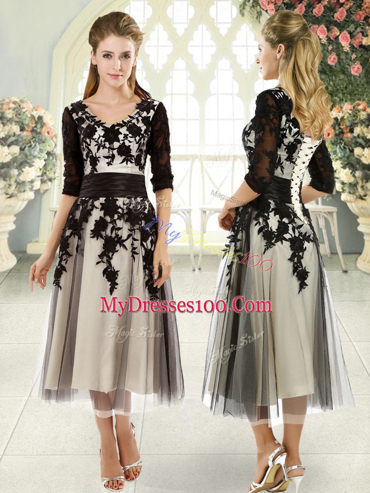 Charming Black Lace Up V-neck Appliques Prom Evening Gown Tulle Half Sleeves