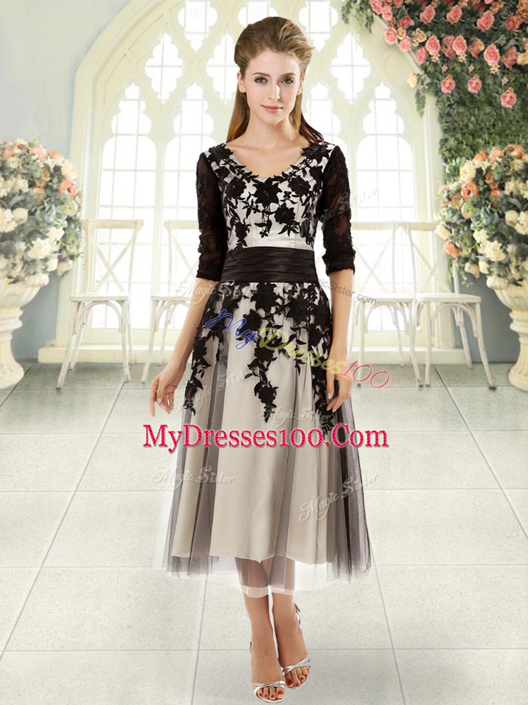 Charming Black Lace Up V-neck Appliques Prom Evening Gown Tulle Half Sleeves