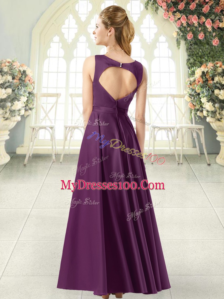 Best Purple Backless Prom Dresses Ruching Sleeveless Floor Length