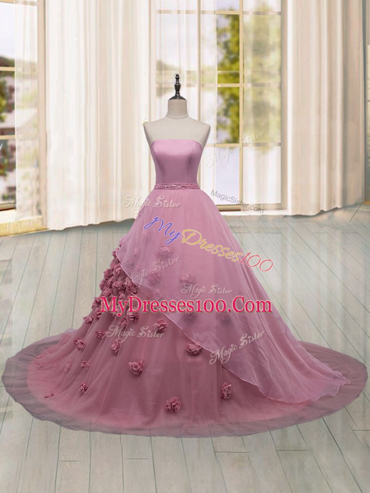 Modest Lace Up 15th Birthday Dress Pink for Military Ball and Sweet 16 and Quinceanera with Hand Made Flower Brush Train