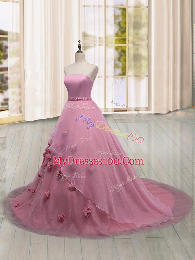 Modest Lace Up 15th Birthday Dress Pink for Military Ball and Sweet 16 and Quinceanera with Hand Made Flower Brush Train