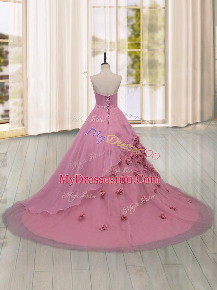Modest Lace Up 15th Birthday Dress Pink for Military Ball and Sweet 16 and Quinceanera with Hand Made Flower Brush Train