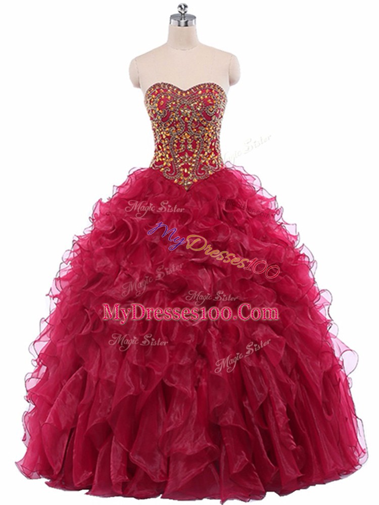 Wine Red Ball Gowns Beading and Ruffles Quinceanera Gown Lace Up Organza Sleeveless Floor Length