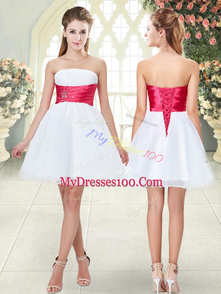 White Prom Evening Gown Prom and Party with Beading Strapless Sleeveless Lace Up