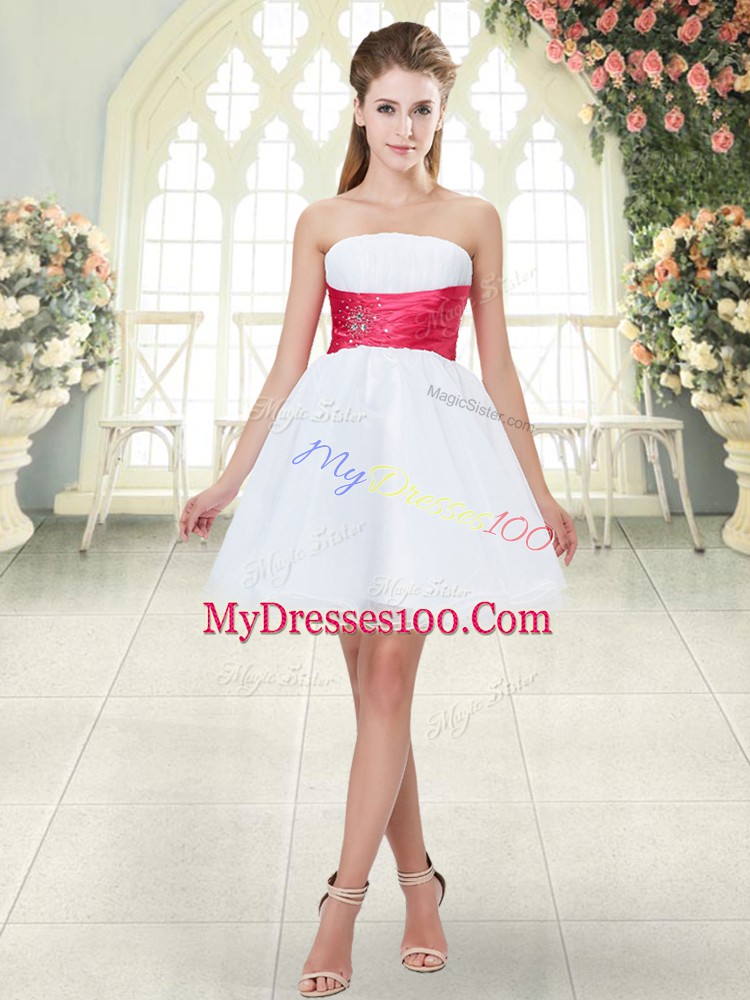 White Prom Evening Gown Prom and Party with Beading Strapless Sleeveless Lace Up