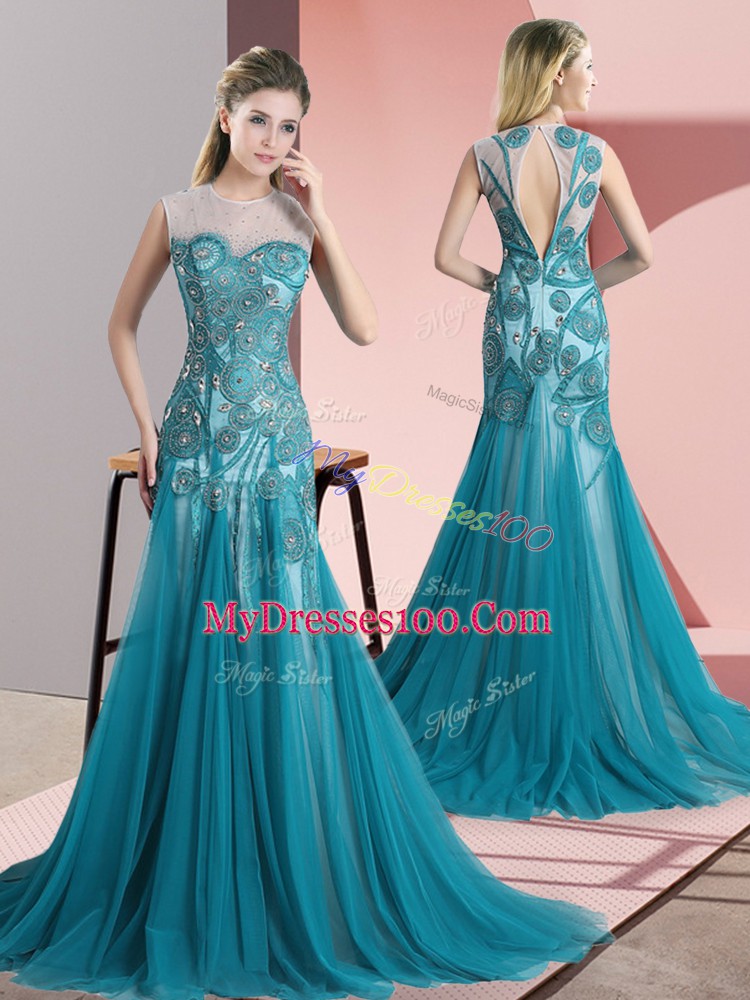 Teal Backless Scoop Beading and Appliques Prom Dresses Tulle Sleeveless Sweep Train
