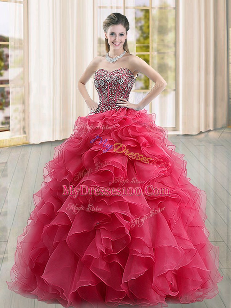 Organza Sweetheart Sleeveless Lace Up Beading and Ruffles Quinceanera Gowns in Coral Red