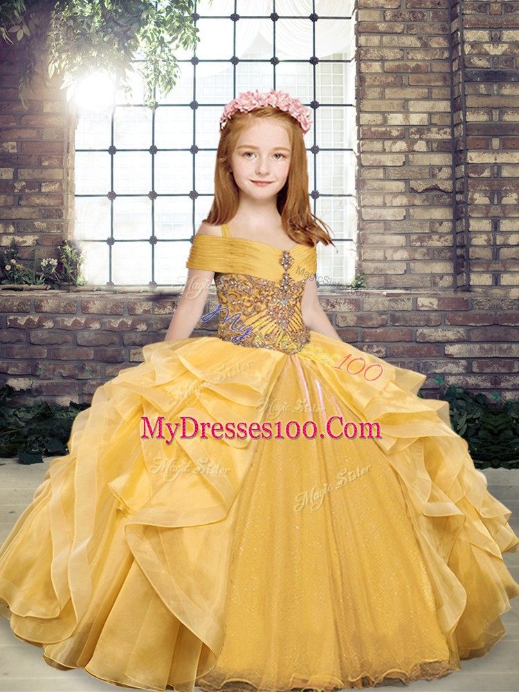 Classical Gold Organza Lace Up Off The Shoulder Sleeveless Floor Length Glitz Pageant Dress Beading and Ruffles